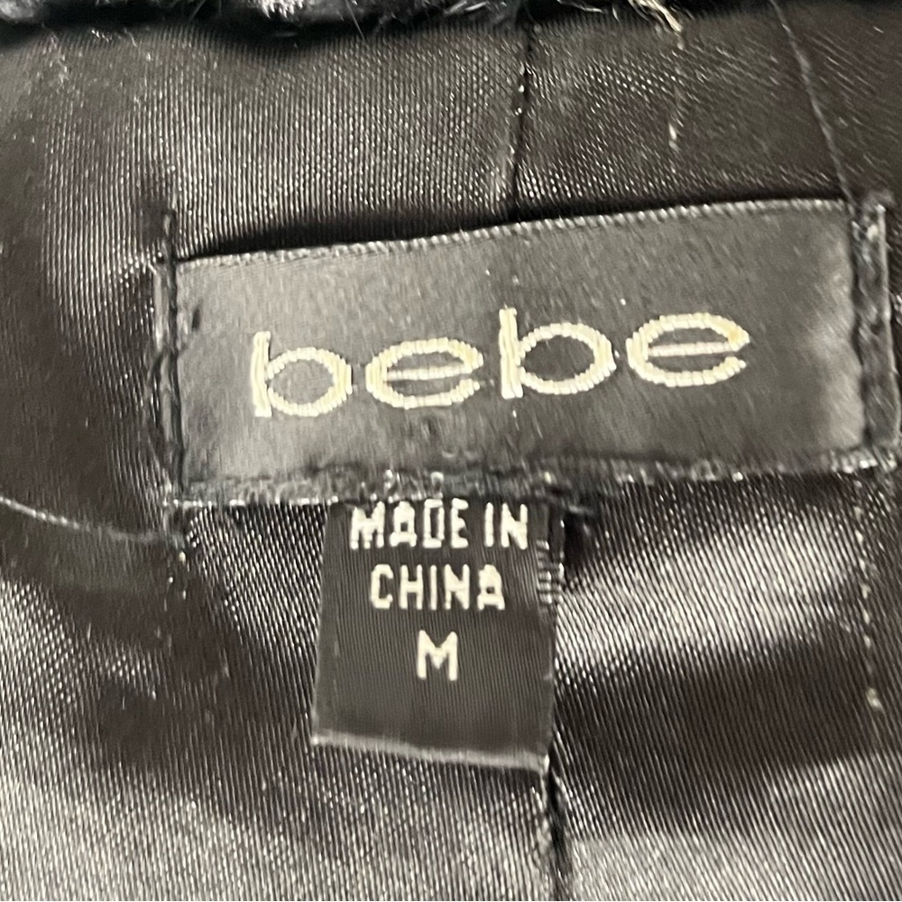 Bebe Y2K Rabbit Fur Trimmed down and feather filled belted jacket black size M - Picture 8 of 10